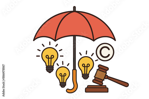 Concept of intellectual property protection illustrated by a cartoon umbrella shielding glowing light bulbs and a judge's gavel, symbolizing legal copyright and patent defense