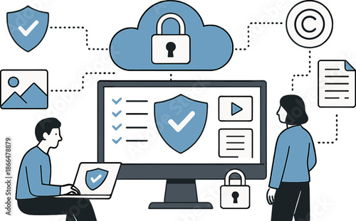 A detailed illustration of a company's cloud-based digital asset protection system designed to safeguard intellectual property