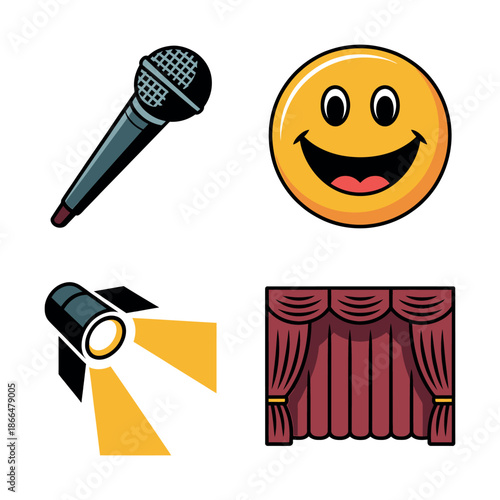 Comedy show performance with microphone and stage curtain Vector