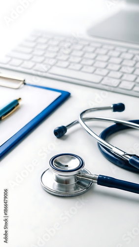 Essential medical equipment including stethoscope, clipboard, and pen on a clean white desk, ready for healthcare consultation