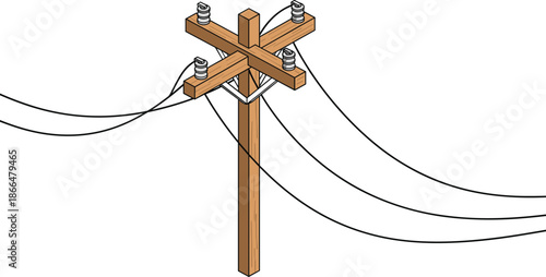 Wooden utility power pole with electrical insulators and overhead transmission cables, isometric flat vector illustration for electricity