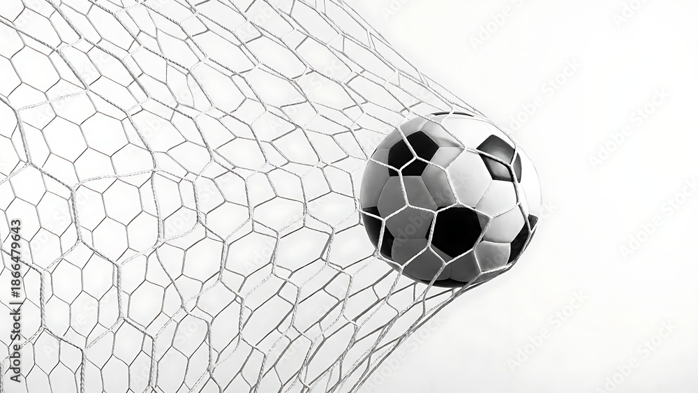 Fototapeta premium Dynamic monochromatic capture of a soccer ball striking the net after a powerful shot, symbolizing victory and athletic achievement