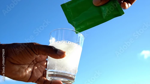 Pouring powdered drink mix into a glass of water against a bright blue sky, Beverage preparation outdoors