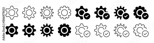 Settings cog gear icon set with check mark icon tick symbol. black gear wheel icons collection. featuring technical management and configuration symbols with completion checkmarks