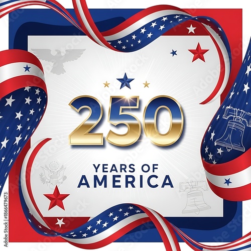 Patriotic 250 Years of America Commemoration with Flag Ribbons and National Symbols