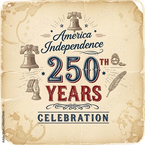 Vintage America Independence 250th Years Celebration with Liberty Bells and Quill Pen