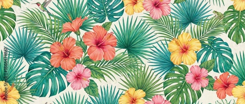 Seamless Tropical Pattern with Hibiscus Flowers and Palm Leaves