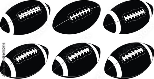 American football ball silhouette icon set in different angles, black flat vector illustration for sports, competition, training, and athletic design concepts