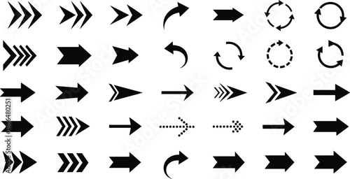 Black arrow icons vector set, directional navigation symbols including straight, curved and circular arrows, user interface design elements isolated on white background