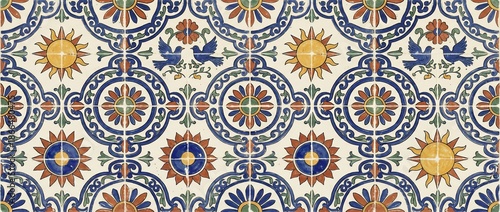 Traditional Mediterranean Ceramic Tile Pattern with Sun and Birds
