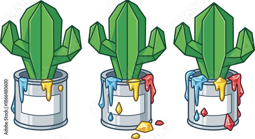 Vibrant geometric cacti in paint cans with colorful dripping hues, symbolizing artistic creativity, unique design, and the harmonious blend of nature with contemporary graphic art