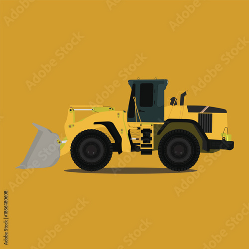 A minimalist vector illustration depicting a yellow wheel loader heavy construction vehicle in side view