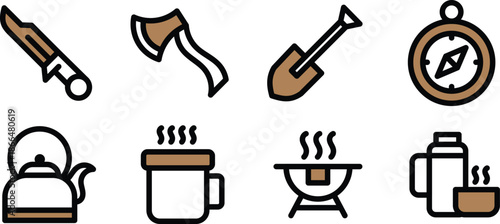 Icon Set Vector Illustrations teapot, compass, knife, axe, grill for Websites, Digital Assets