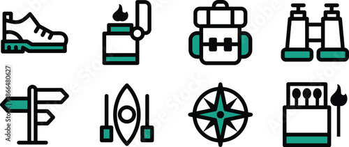 Icon Set Vector Illustrations shoes, backpack, lighter, compass, lighter for Websites, Digital Assets
