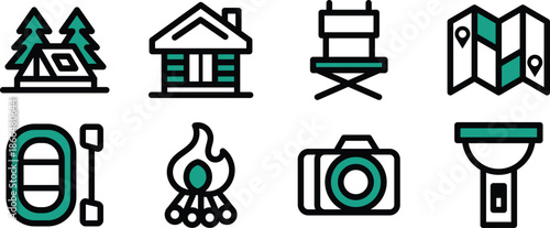 Icon Set Vector Illustrations tent, lodge, chair, maps, bonfire for Websites, Digital Assets