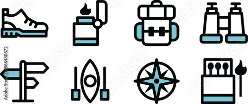 Icon Set Vector Illustrations binocular, backpack, cano, roadsign for Websites, Digital Assets