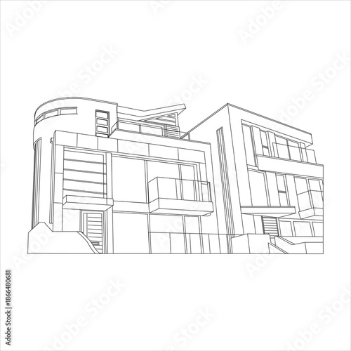 Architectural line drawing of a modern multi-story building facade