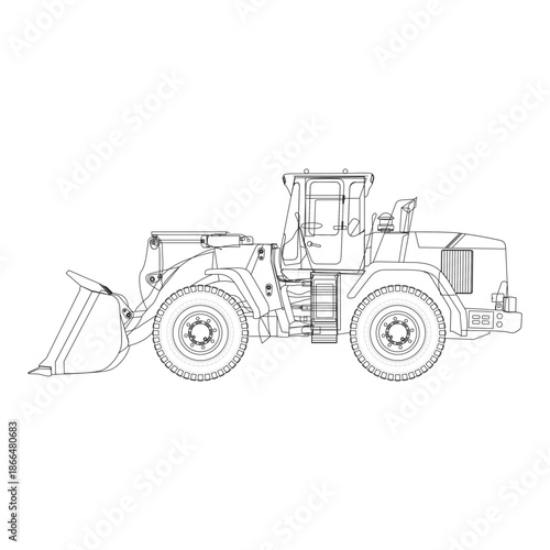 A detailed technical line art drawing of a heavy-duty wheel loader for construction projects