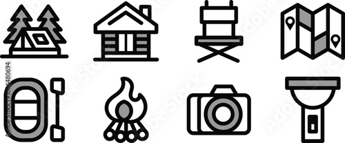 Icon Set Vector Illustrations chair, maps, bonfire, tent, lodge for Websites, Digital Assets
