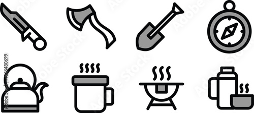 Icon Set Vector Illustrations cup, barbeque grill, knife, axe, compass for Websites, Digital Assets