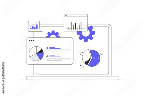 Analysis of data related to laptop, encompassing research, planning, statistics, finance, infographics, and management. Flat Cartoon Vector Illustration, icon Stylish abstract design landing page web