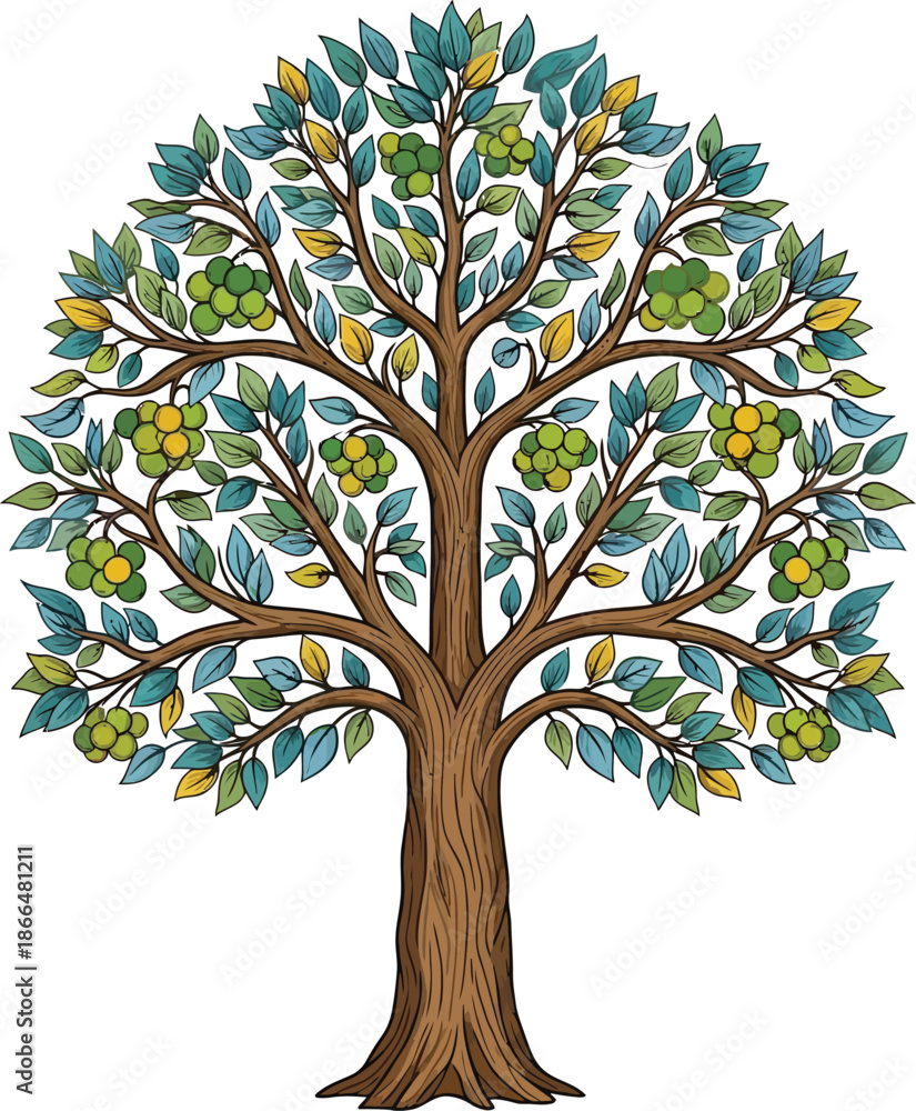 Obraz premium Illustrated Fruit Tree with Green Leaves and Yellow Fruits