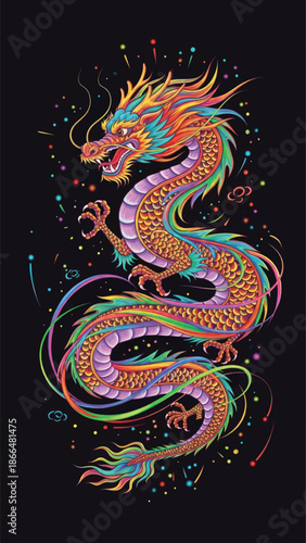 Vivid multi colored dragon illustration on dark background with swirling flames and stars.