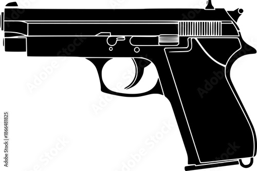 Automatic Handgun Pistol silhouette, black and white silhouette, vector and illustration