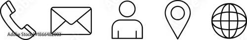 Contact information line icons set including phone, email, user profile, location pin, and globe, minimalist outline vector illustration for web and app interfaces