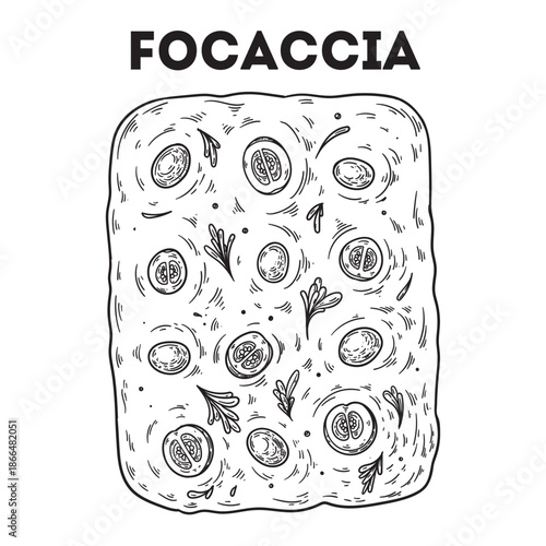Focaccia sketch. Vector drawing illustration. Italian food. Italian cuisine. Hand drawn. Top view. Not AI Generated.