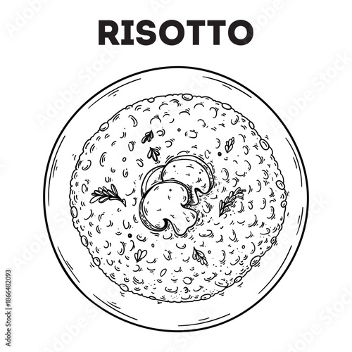 Risotto sketch. Vector drawing illustration. Italian food. Italian cuisine. Hand drawn. Top view. Not AI Generated.
