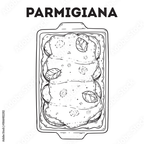 Parmigiana sketch. Vector drawing illustration. Italian food. Italian cuisine. Hand drawn. Top view. Not AI Generated.