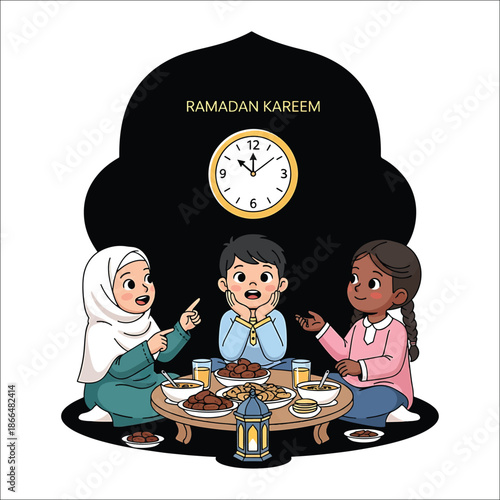 Three children sitting around a table with Ramadan Kareem clock and traditional Iftar food