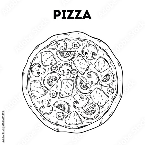 Pizza sketch. Vector drawing illustration. Italian food. Italian cuisine. Hand drawn. Top view. Not AI Generated.