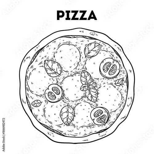 Pizza sketch. Vector drawing illustration. Italian food. Italian cuisine. Hand drawn. Top view. Not AI Generated.