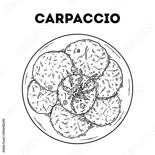 Sliced Carpaccio sketch. Vector drawing illustration. Italian food. Italian cuisine. Hand drawn. Top view. Not AI Generated.
