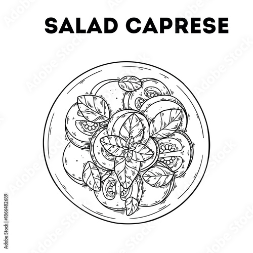 Caprese salad sketch. Vector drawing illustration. Italian food. Italian cuisine. Hand drawn. Top view. Not AI Generated.