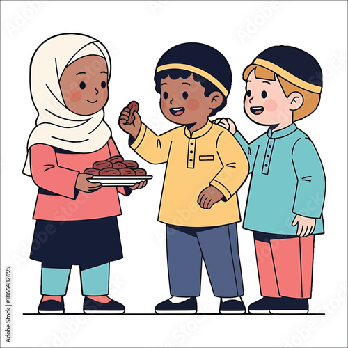 Three children wearing traditional clothing and head coverings share dates during Ramadan