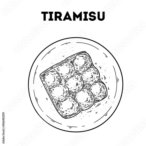 Tiramisu sketch. Vector drawing illustration. Italian food. Italian cuisine. Hand drawn. Top view. Not AI Generated.
