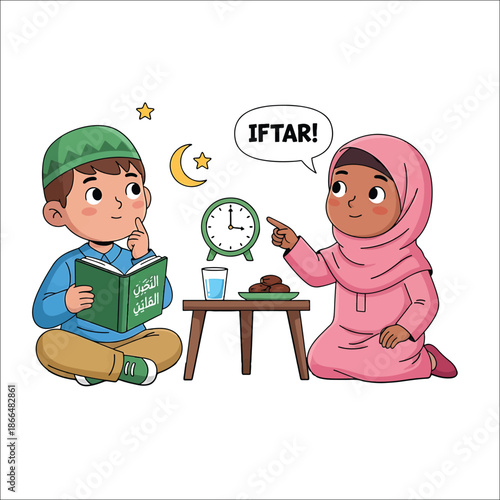 Two children discussing iftar time with a clock and a book in a Ramadan-themed setting