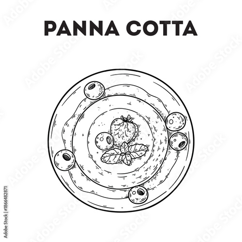Panna cotta sketch. Vector drawing illustration. Italian food. Italian cuisine. Hand drawn. Top view. Not AI Generated.