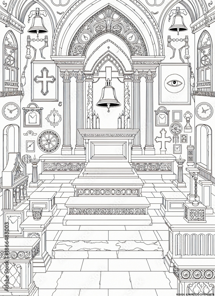 Fototapeta premium Intricate Black and White Church Interior Drawing with Altar