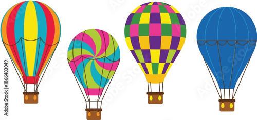 Flat vector set of 4 Hot Air Balloons colorful striped and patterned balloon envelopes with baskets