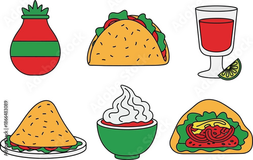 Flat style illustration of 5 Mexican Food items taco burrito nachos bowl guacamole dip and chili pepper