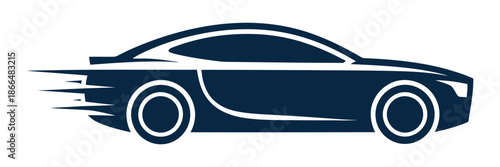 A sleek modern sports car silhouette in a dark navy blue depicting speed with motion lines is showcased in a minimalistic design