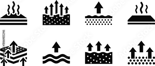 Evaporation and moisture movement icons set showing heat transfer, soil drying, vap