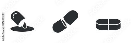 A simple illustration depicts three black icons representing different forms of medication or supplements showing a liquid drop open capsule and tablet