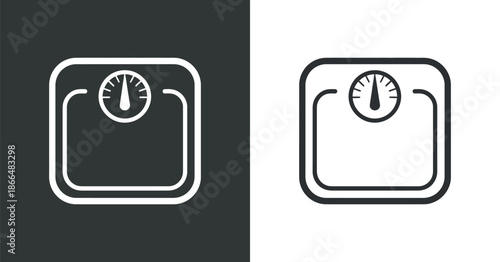 A visual representation showcases a bathroom scale icon depicted in both a black and white color scheme offering a stark contrast