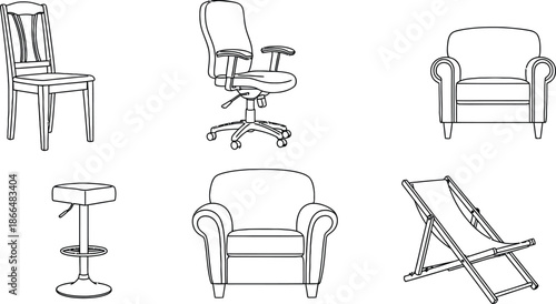 Outline illustration set of 6 Chair Designs dining chair office chair armchair bar stool and deck chair