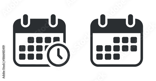 A simple black and white illustration depicts two calendar icons one accompanied by a clock symbol representing time and scheduling